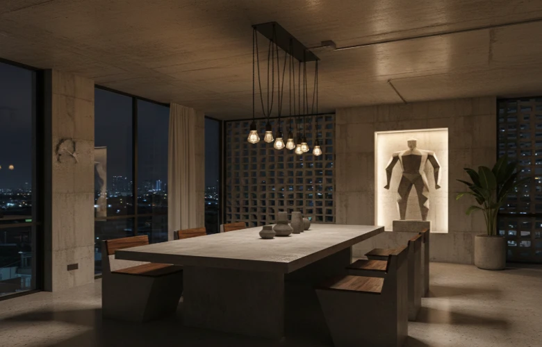Mexican brutalist interior design with warm tones and solid materials