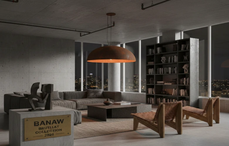 Modern brutalist interior design featuring minimalist furniture