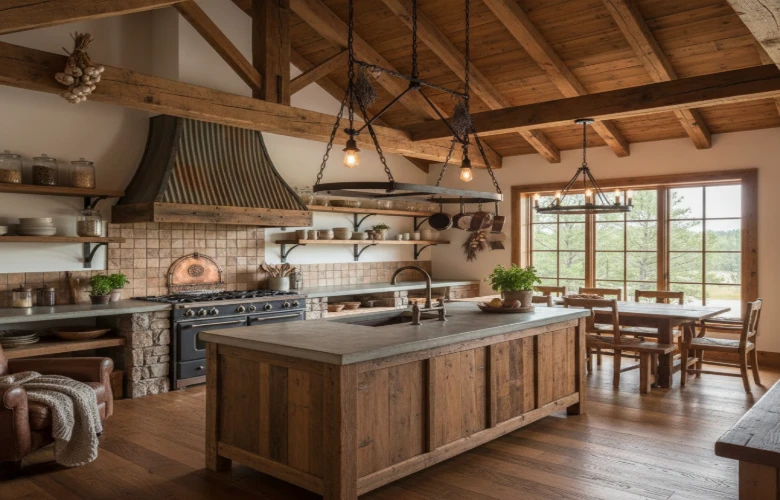 Warm rustic interior design with natural materials and soft lighting