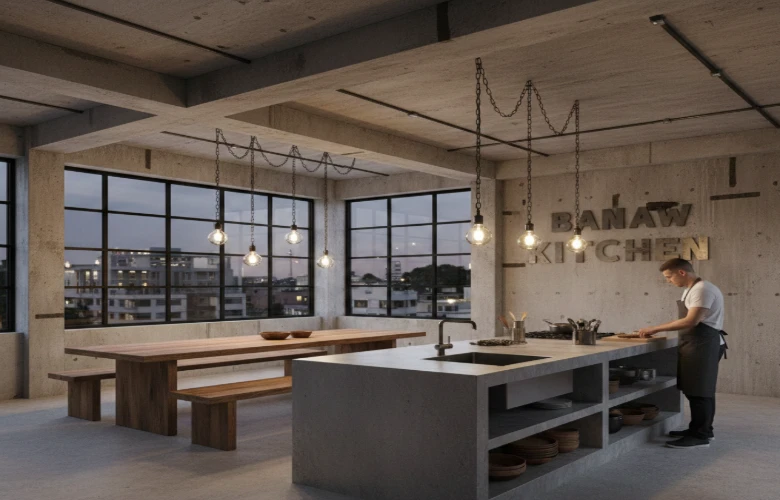 Brutalist interior design bedroom with concrete texture and soft light