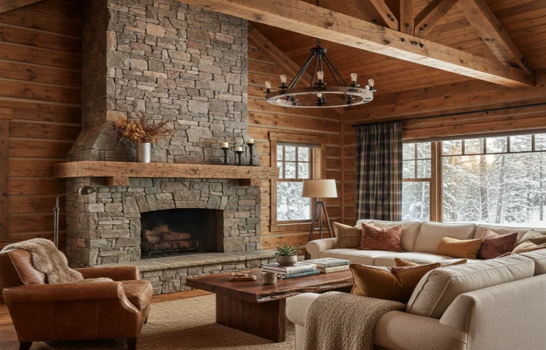Cozy rustic interior design featuring wooden beams and earthy tones