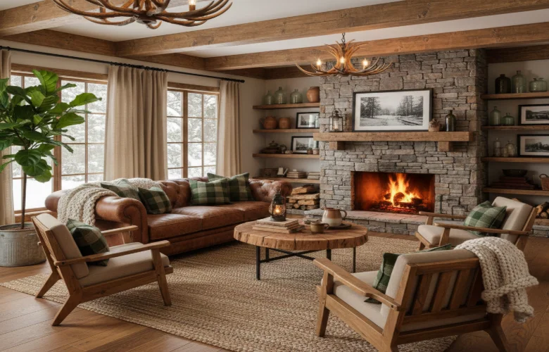 Rustic interior design living room with exposed wood details